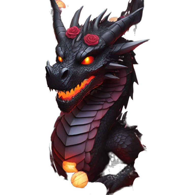 Black dragon breathing red flames, covered in thorned roses, surrounded by lanterns candles and fairy lights emoji