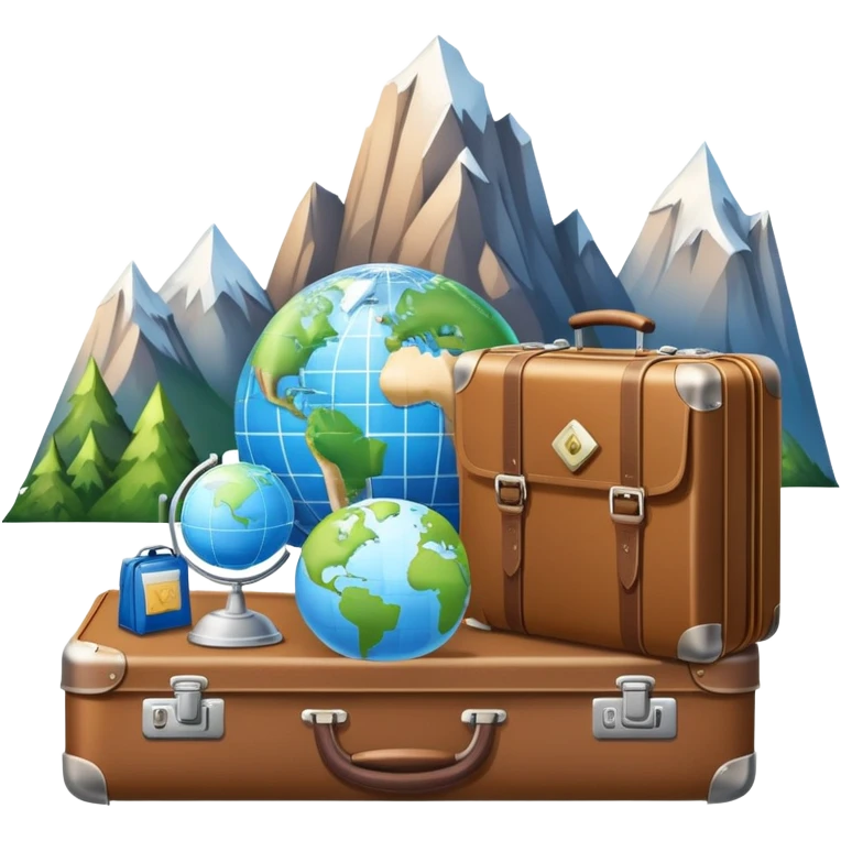 An icon featuring a suitcase, a hotel bell, and a globe, symbolizing tourism and hospitality. The design includes a scenic landmark, like a mountain or beach, and a check-in desk, representing travel and accommodation services. Transparent background emoji