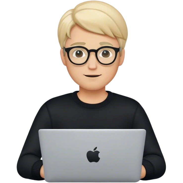 memoji of a man with a laptop in front, apple-style,modern,fair hair,black with oval pair of glasses sweater,computer in hand,sitting on his desk emoji