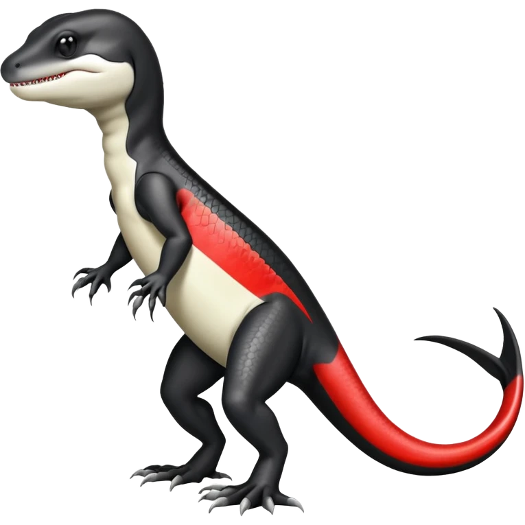 Black and white Orca-reptile-reptilian-lizard-skink-gecko-Digimon-Fakémon-hybrid full body, two legs, two arms, claws, tail, with red stripe emoji