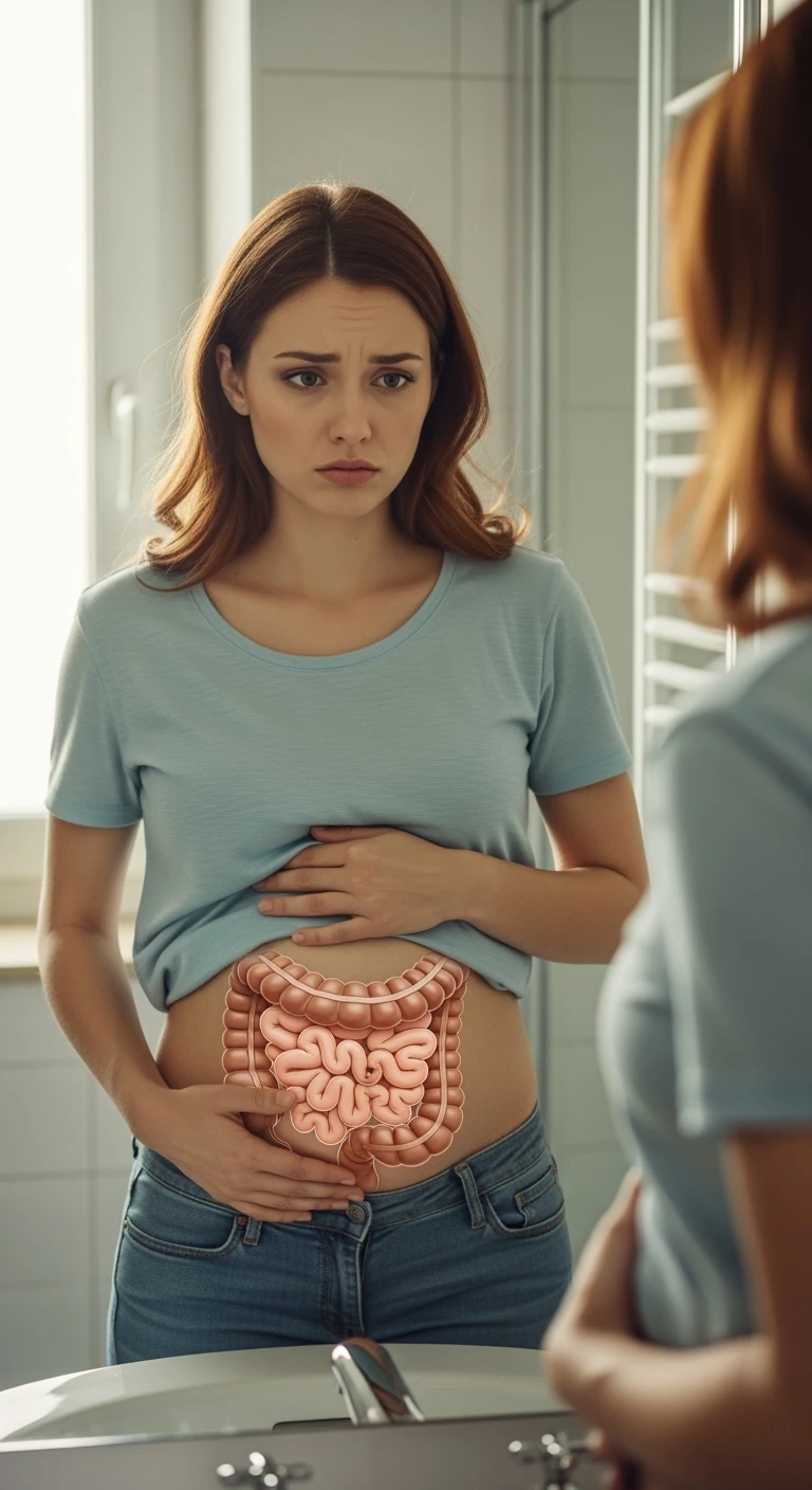 donna che si guarda allo specchio tenendosi la mano sulla pancia gonfia con espressione triste in volto, intestino umano anatomico in evidenza emoji