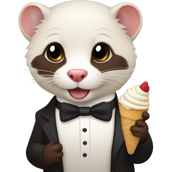 A ferret wearing a tuxedo eating chocolate ice cream emoji
