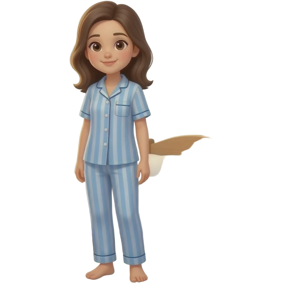 girl stands near her bed in pijamas, she just woke up, theres is sun behind her emoji