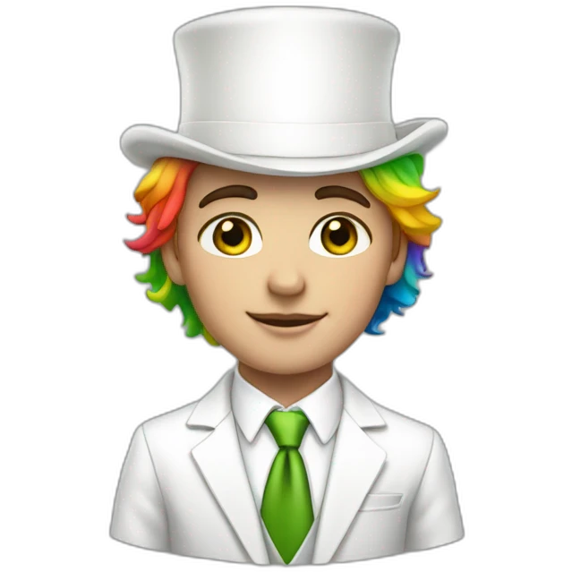 Posh-boy-with-white-suit-and-green-eyes-and-rainbow-unicorn-hat emoji