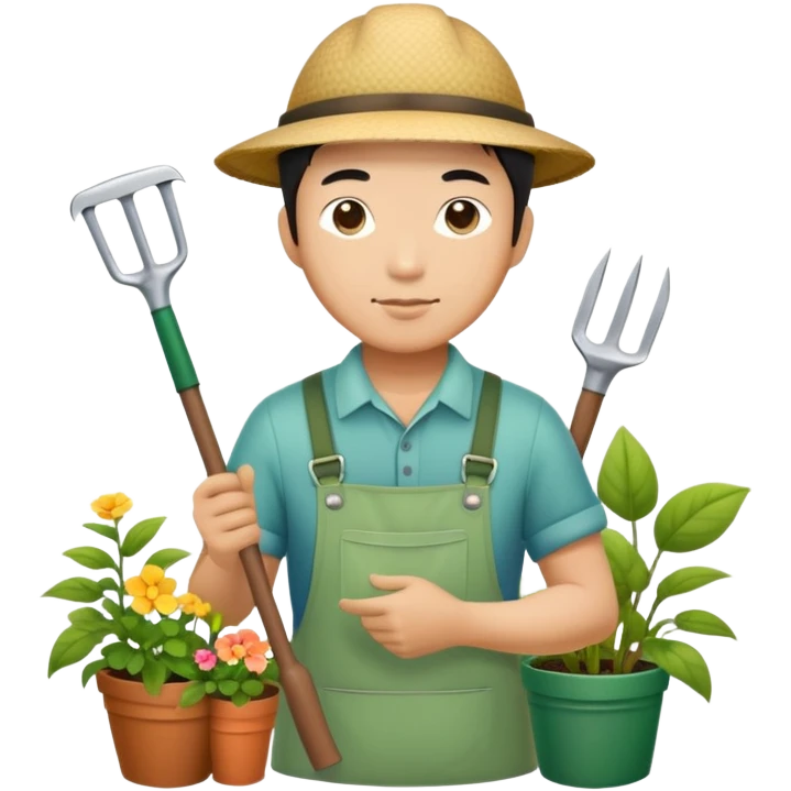 Asian gardener named Yong with gardening tools emoji