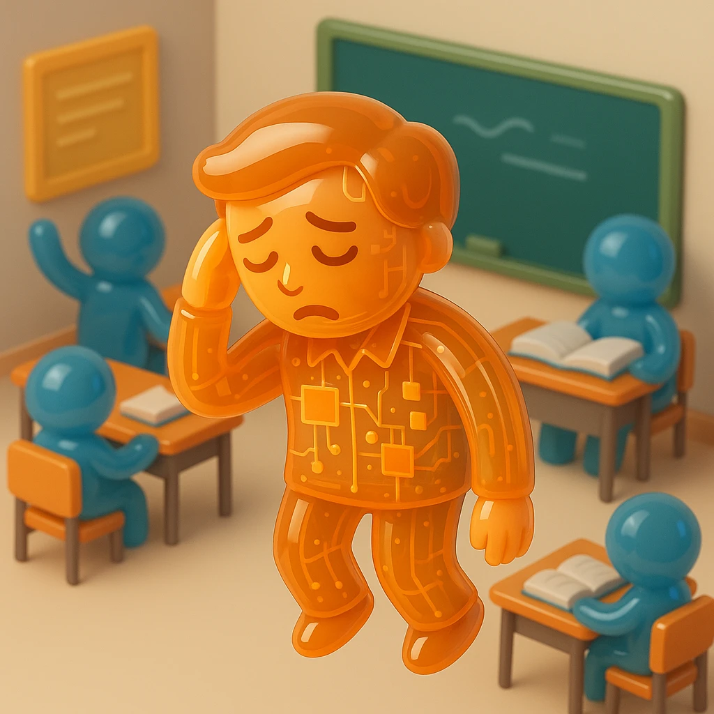 exhausted teacher in a bustling classroom emoji