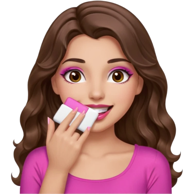 girl with long wavy brown hair, brown eyes, long lashes makeup, pink lips, light to medium complexion, pink sexy top, smiling, hand covering the mouth, giggling emoji