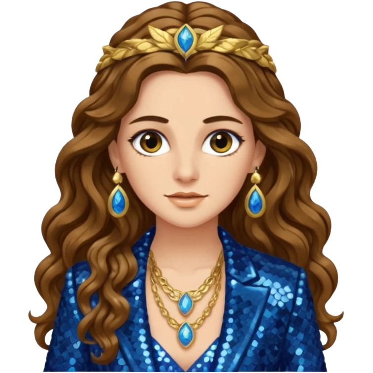 Hera from Greek Mythology with long brown wavy hair, blue sequin suit jacket emoji