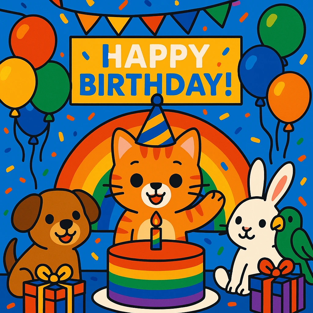 birthday party scene with a rainbow color theme including rainbow balloons, multicolored decorations, confetti, a large rainbow birthday cake, gifts, and a festive atmosphere; main character is a ginger tabby kitten wearing a birthday hat, surrounded by a puppy, bunny, and parrot also celebrating; include a prominent 'Happy Birthday!' message emoji