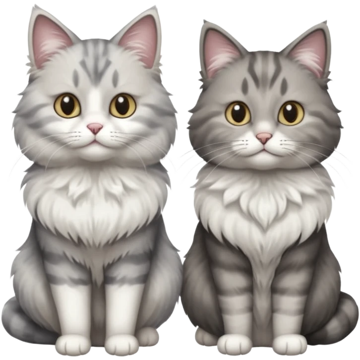 a realistic looking very fluffy grey and white cat sitting next to another cat emoji