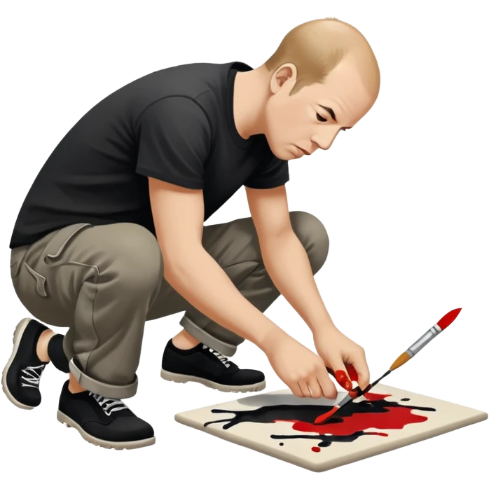 Jackson pollock the abstract artist leaning over to flick black white and red paint from a brush onto a canvas at his feet on the ground emoji