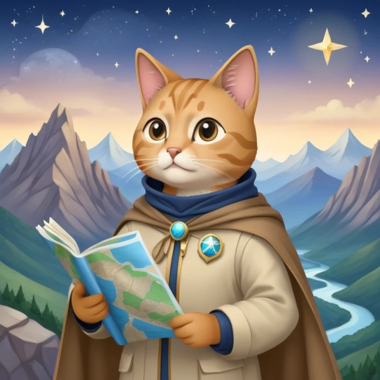 Explorer cat holding a map, mountains and stars in background, wearing light explorer clothing with flowing cloak, looking into distance emoji