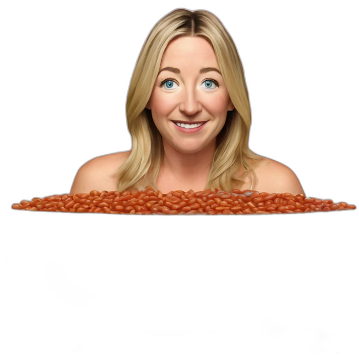 Victoria Coren-Mitchell in a bath of baked beans emoji
