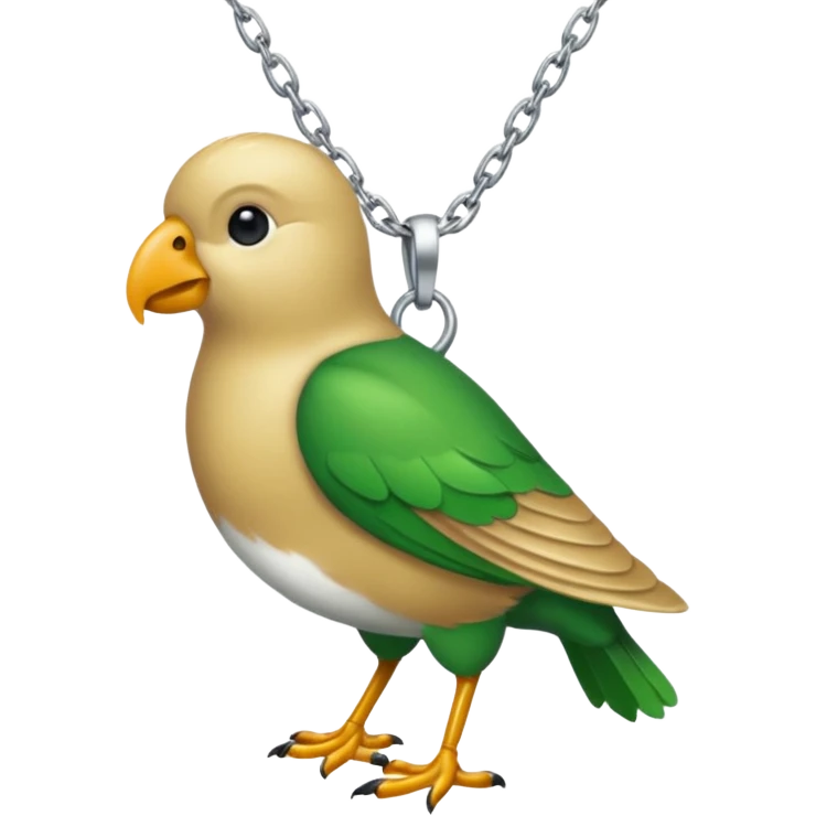 un oiseau classique tout vert avec un collier autour de son cou avec des breloque argentées et un seul poil blond qui fait une petite bouclette sur le front  emoji