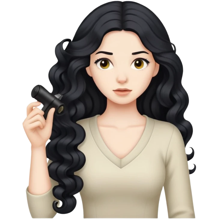 pale skinned woman with long black hair curling her hair, getting ready emoji