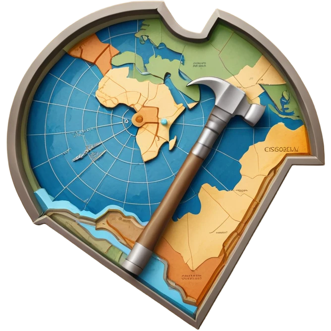 An icon featuring a crowbar and a geological map, and layers of Earth’s crust, symbolizing geology. The design includes mineral samples, fossils, and tectonic plates, representing the study of Earth’s structure and natural processes. Transparent background highlights geological exploration emoji