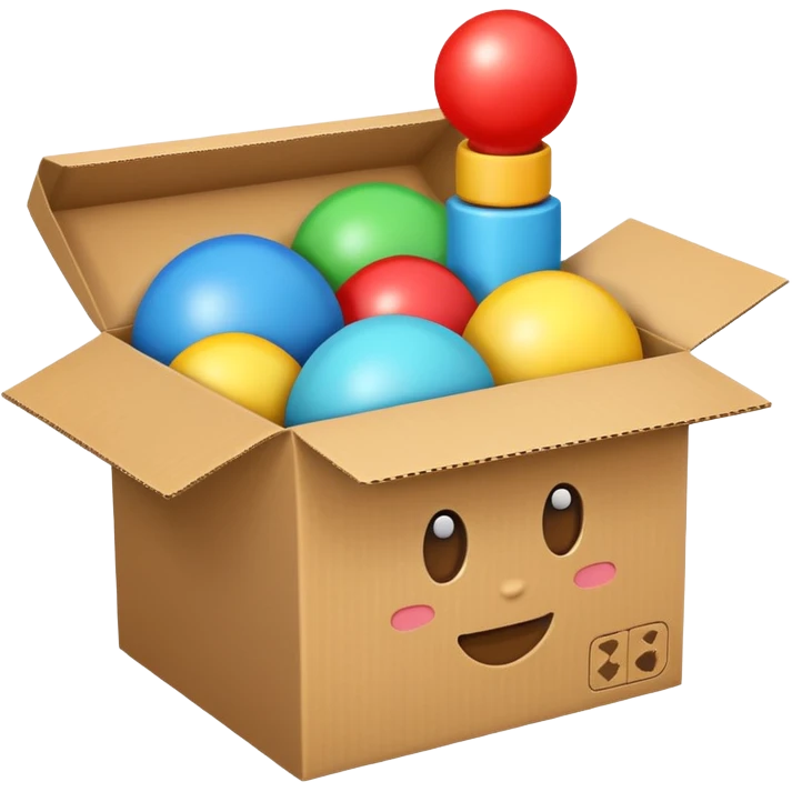 cardboard box with toys, emoji