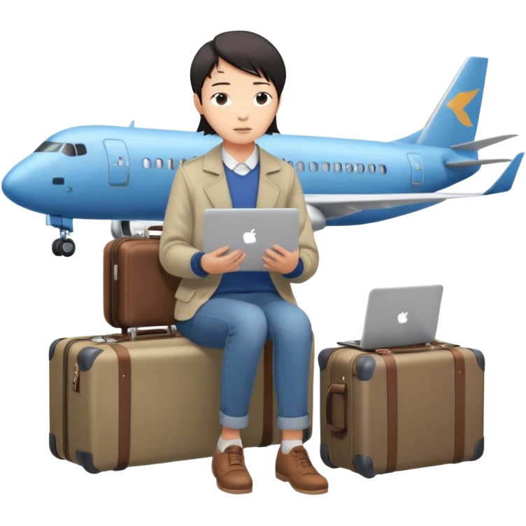 페르소나 요약 : 교환학생을 준비하는 대학생. 동양인 중성 20대의 상반신, 캐주얼한 옷을 입은 채 노트북을 보고 있으며 옆 한켠에는 캐리어가 함께 준비되어 있어요. 머리 위에 생각풍선으로 비행기를 떠올리고 있어요 emoji