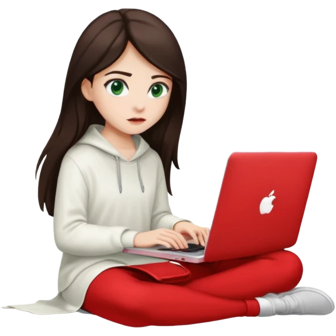 Long dark brown haired, white skinned, dark green eyed girl in white clothes girl sitting in macbook with a red case and watching to macbook emoji