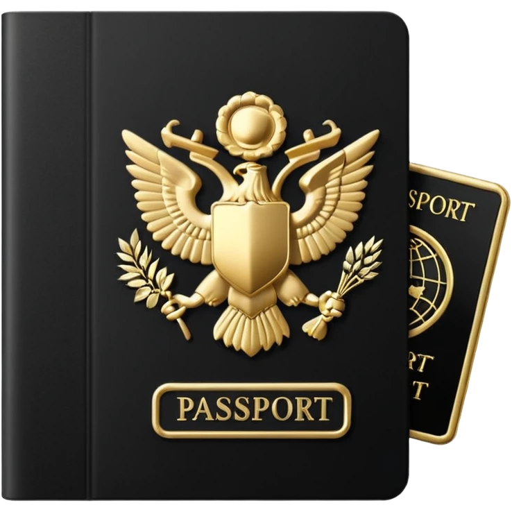 Minimal emoji icon of a black passport, matte cover, simple gold emblem, clean lighting emoji