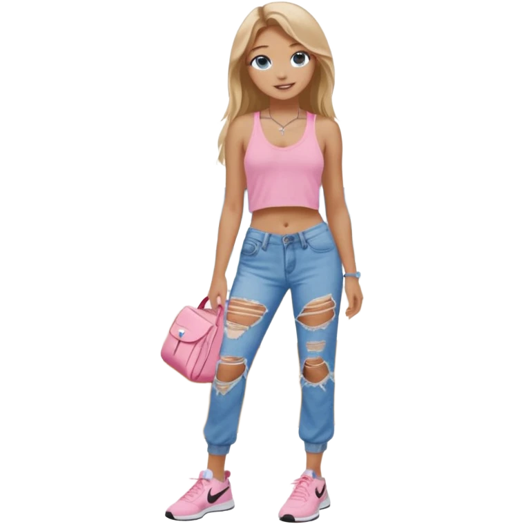 preppy teenage girl, blue eyes, tan, less blonde highlights, brown long hair, long eyelashes, beach aesthetic, wearing cute clothes, wearing ripped blue longer baggy jeans with a light pink sexy revealing low neck crop top, wearing Nike shoes, very sexy, very long eyelashes, very pretty emoji