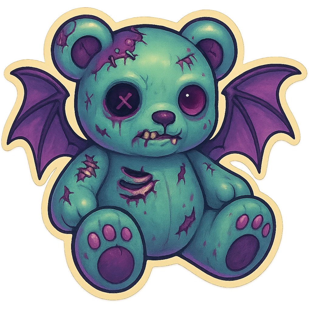 Turn this image into a zombie bear with pastel goth colors, with bat wings, in retro stickers style, with no background. emoji
