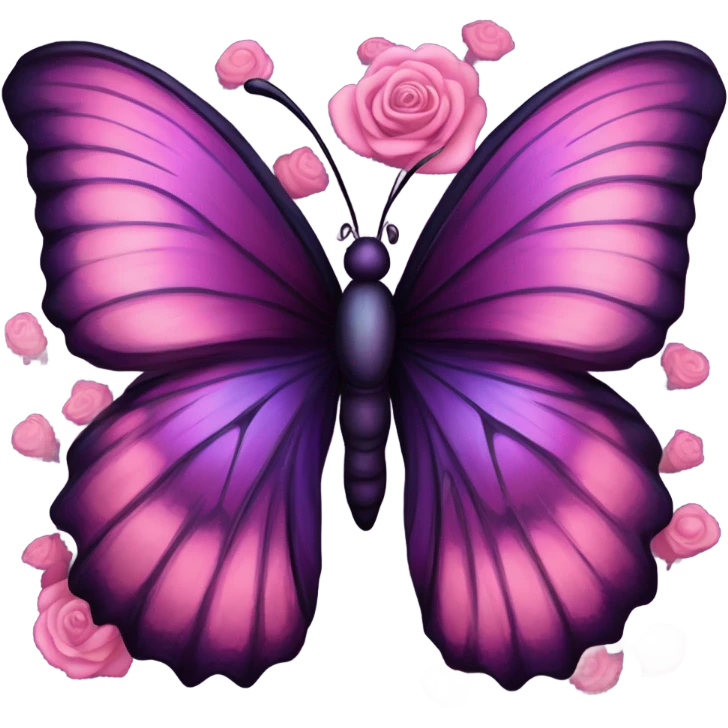 Aesthetic butterfly with purple and pink wings sitting on a dark purple bouquet of Roses in a pastel pink vase emoji