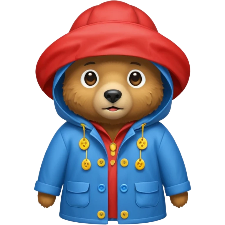 A bear in a red rain hat and a blue raincoat with yellow buttons down the middle emoji