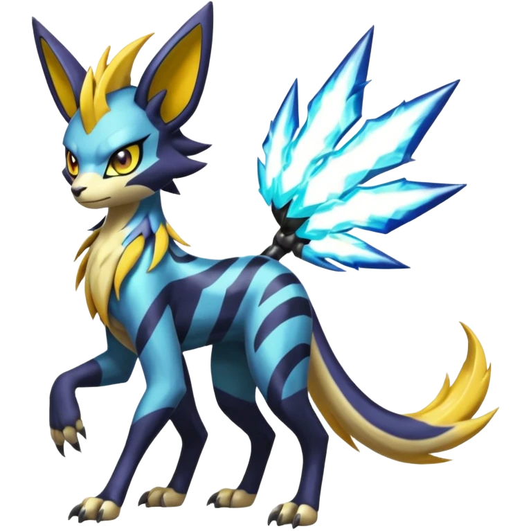 Shiny colorful exotic Feral Scaly Striking Slaying Badass Evil Handsome Lightning-patterned Zig-zagged buzzy fuzzy Meloetta-Renamon-Luxray-Cobalion-Suicune-Vernid-fusion-hybrid-creature, full body  emoji