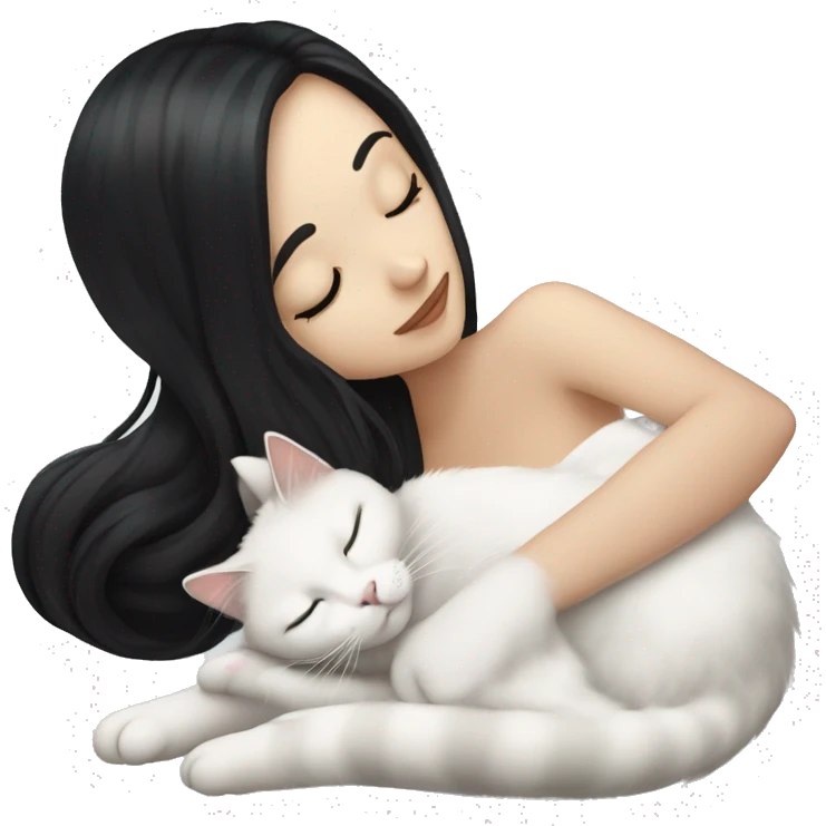 A pretty white girl with very long black hair and sleeping curled up to a white cat  emoji