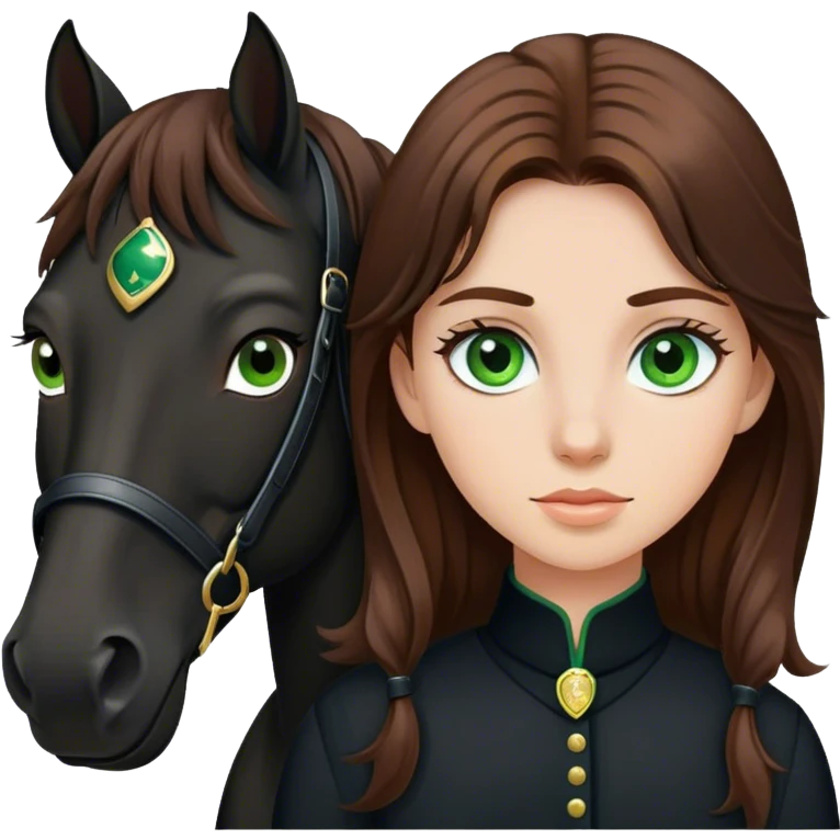 A brown hair, green eyes girl with a black horse emoji