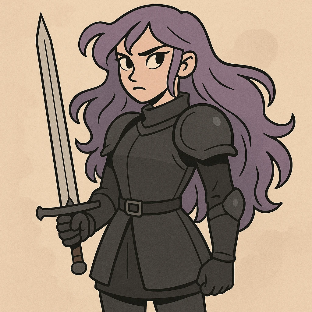 A mysterious warrior girl with flowing purple hair, dressed in black armor, standing with a sword, anime-inspired style. emoji