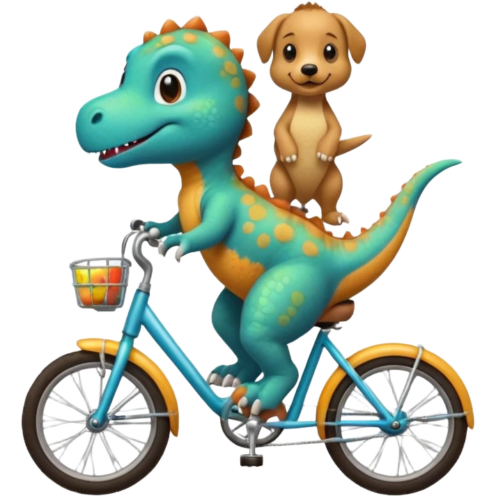 Baby dinosaur and  puppy riding a retro bike  emoji