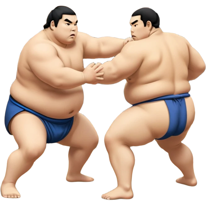 Two sumo wrestlers in a classic dohyo ring, each displaying powerful stances and ready to engage in a fierce match. One wrestler attempts a pushing attack, while the other counters with a thrust. The background shows the traditional sumo arena and spectators. Transparent background highlights the intensity and tradition of sumo wrestling. emoji