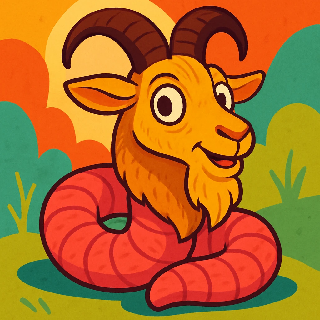 fantasy animal with goat's head and beard, coiled worm body, subtle fur texture, expressive eyes, vibrant toon style emoji