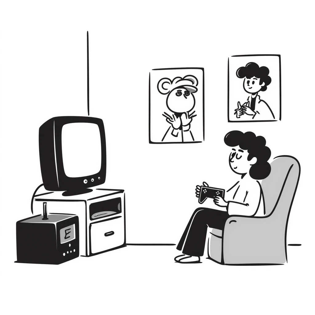 A retro gamer room with pixel posters and a console hooked to a tube TV emoji