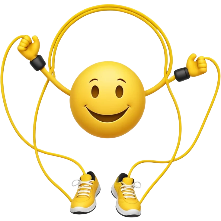 smiley face character jumping rope, energetic pose emoji