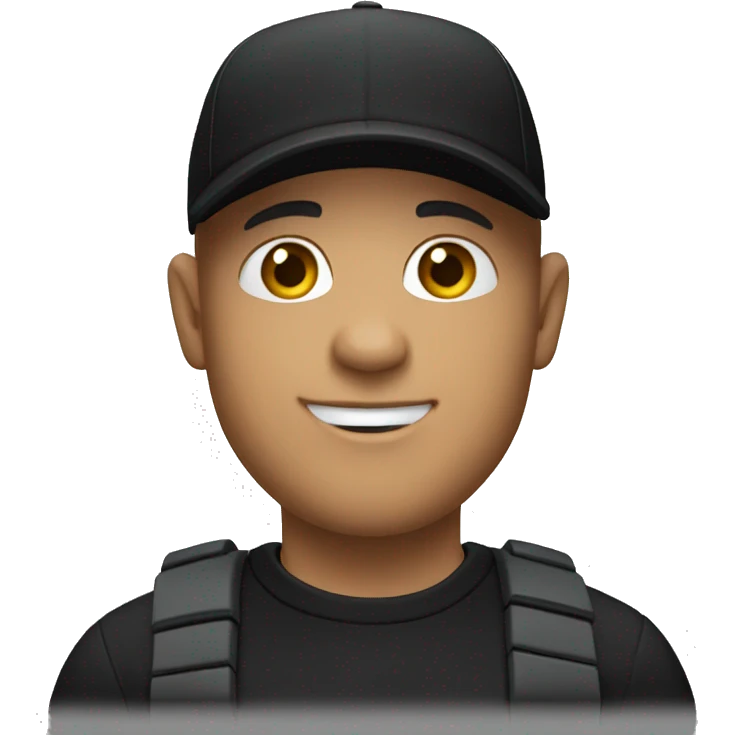 bald man pointing in front wearing a black cap and black polo emoji