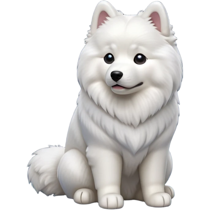 cinematic-[samoyed]-realistic-full-body-sitting-emoji,-tail-resting-loosely-beside-its-paws,-head-tilted-dramatically, -fluffy-[white]-fur,-simplified-yet-realistic-focused-features,-highly-detailed,-glowing-with-an-almost-sarcastic-glow emoji