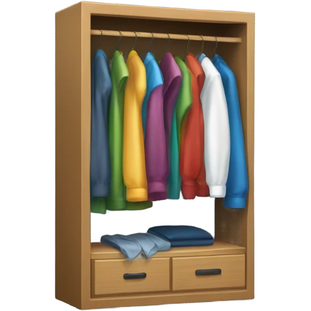 Design an emoji-style icon of an open wardrobe with clothes hanging inside. Include details like a wooden frame, hangers, and colorful clothing items such as shirts or any other clothing . Use a clean and minimalistic design. emoji