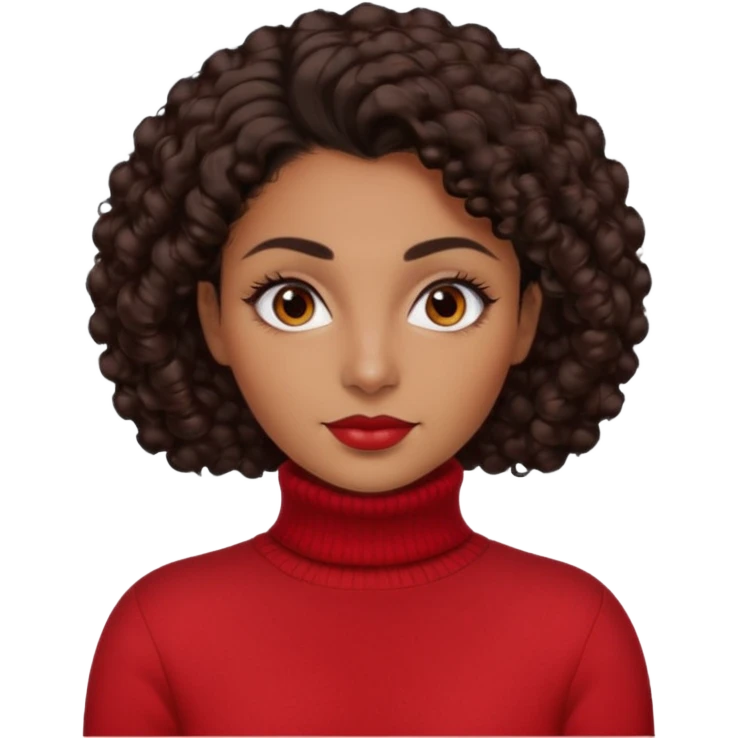 30 yr iranian woman dark brown hair curly wavy short hair, red turtle neck sweater, very thick eyebrows emoji