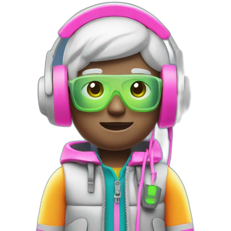 Playmobil wearing neon light clothes, having headphones emoji