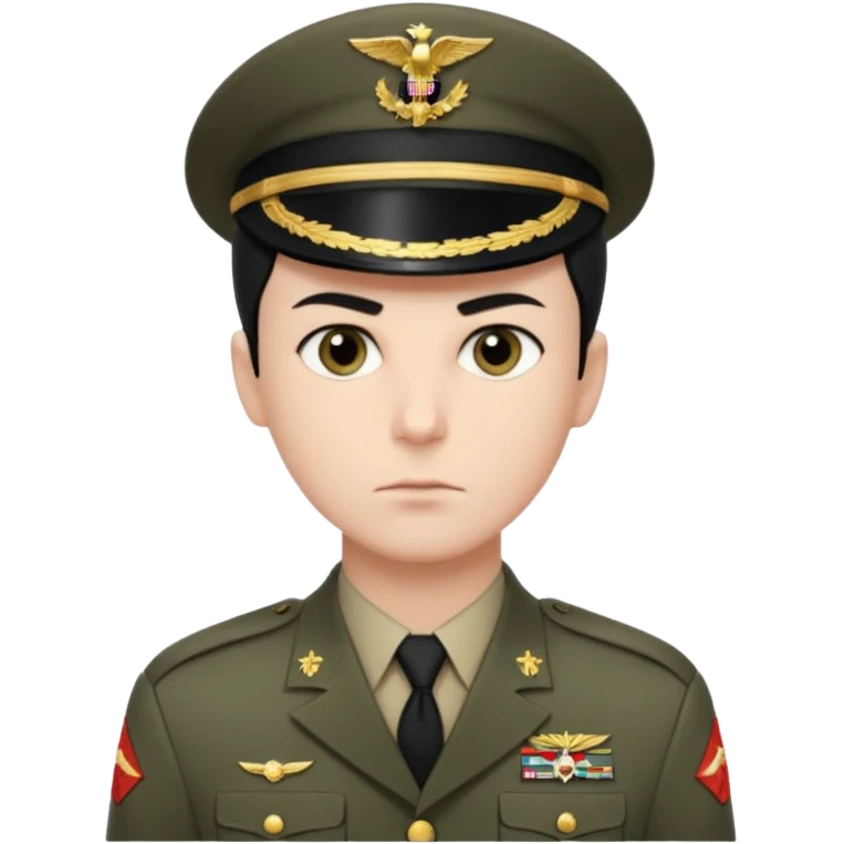 short black neat hair, sharp dark gray eyes, pale skin, serious expression, wearing military uniform, upright posture, minimal accessories, sharp and precise style. Man emoji