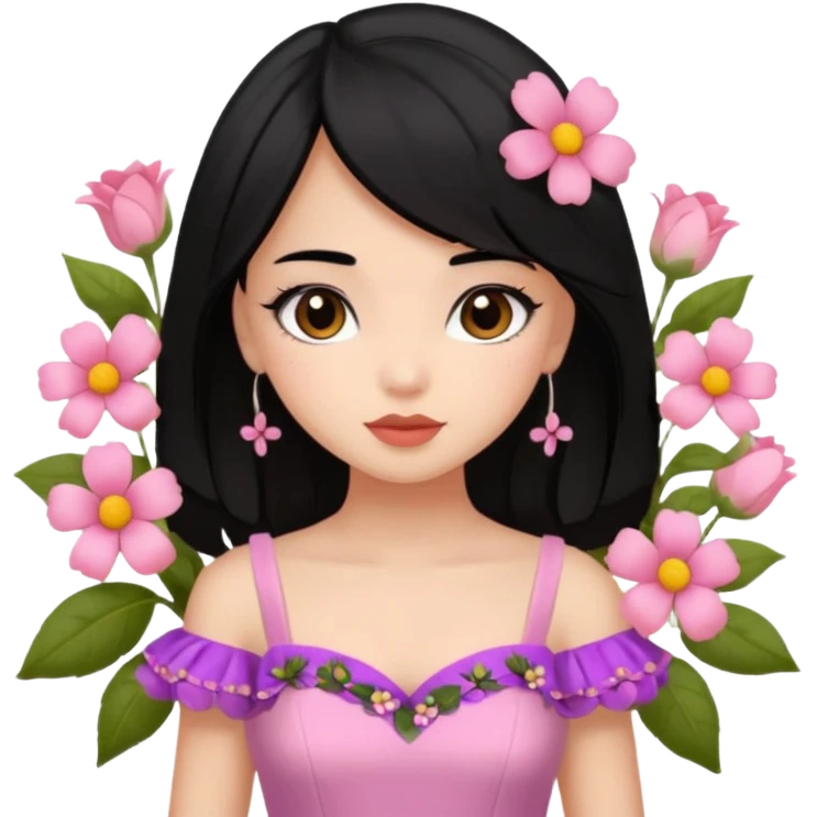 Pretty cute girl wearing a coquette dress, black hair with cute flowers, brown eyed emoji