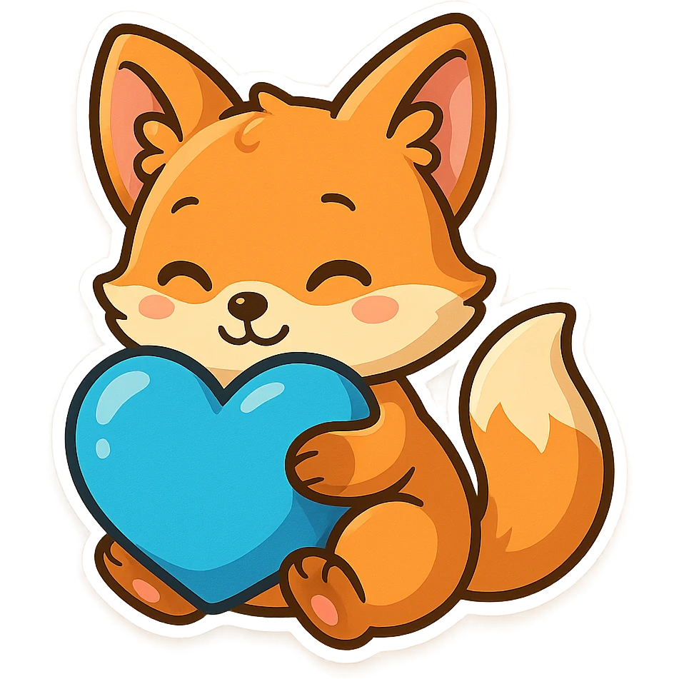 a sweet fox cuddling a brilliant blue heart, charming and vivid emoji