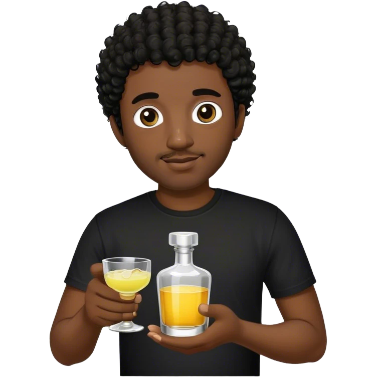 dark black guy, short black curly hair, short facial hair, holding tequila, black shirt  emoji
