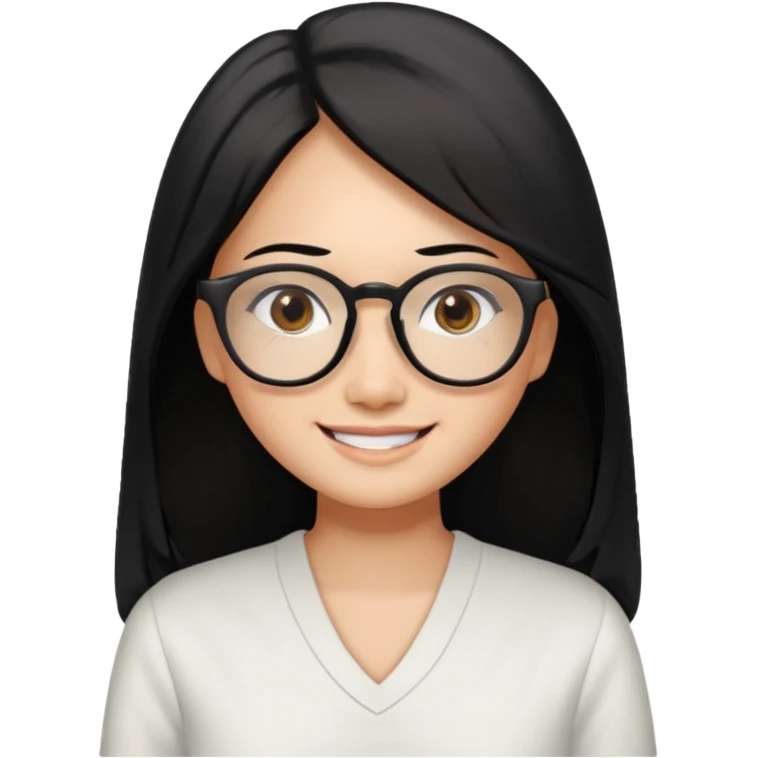 medium tan asian woman with long black hair past middle of back, round brown eyes, white v neck blouse. she has black thick frame rectangle shape glasses on and smiling with no teeth emoji