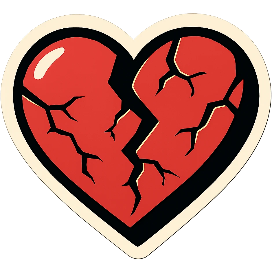 broken heart with large cracks, clear black outlines, sharp shadows and highlights only, no gradients, sharp color transitions, retro sticker style emoji