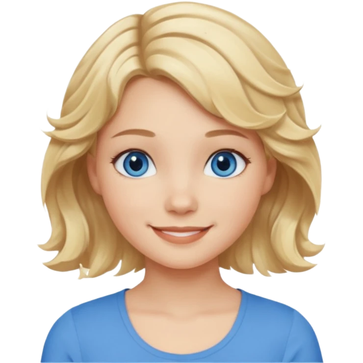 Girl Blonde short wavy hair,  blue eyes, cute blue top,  emoji