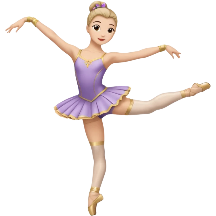 Una chica con vestuario de bailarina con las piernas flexionadas, el dedo índice en la boca, el tren superior inclinado hacia la izquierda y con la cadera proyectada hacia la izquierda emoji